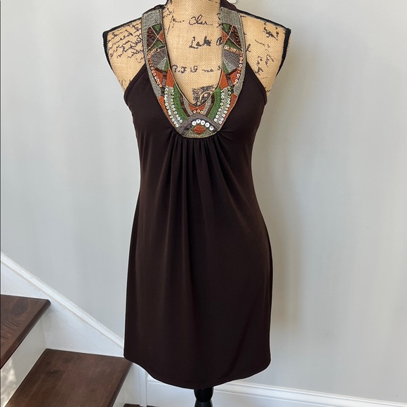 Iz Byer Dresses & Skirts - Iz Byer Chocolate Halter Dress with Beaded Detail small
